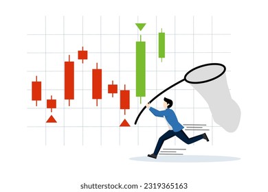 DCA, Profit in Bear market, Buy gradually when the stock price decreases. Profit from shrinking stocks Investors or business people chasing after buying stock candlesticks. flat vector illustration.