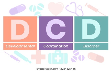 DCD - Developmental Coordination Disorder Acronym. Medical Concept Background. Vector Illustration Concept With Keywords And Icons. Lettering Illustration With Icons For Web Banner, Flyer, Landing