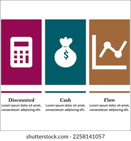 DCF - Discounted Cash Flow Acronym. Infographic template with Icons and description placeholder