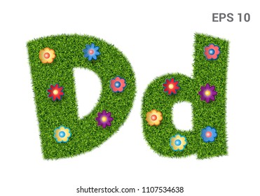 Dd - capital and capital letters of the alphabet with a texture of grass. Moorish lawn with flowers. Isolated on white background. Vector illustration