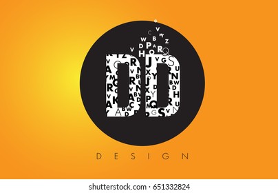DD D D Logo Design Made of Small Letters with Black Circle and Yellow Background.