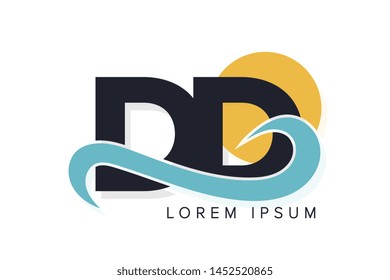 DD letter logo with ocean waves and sunset. Beach concept design