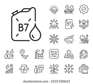 DD Flüssigbrennstoffzeichen. Symbole für Energie, CO2-Auspuff und Solarpanel. Symbol der Dieselkanister-Zeile. B7 Ölbehältersymbol. Diesel-Kanister-Leitungszeichen. Öko-Elektro- oder Windkraftsymbol. Vektorgrafik