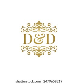DD logo with gold ornament. Initials A ampersand D for business partner or wedding symbol.	