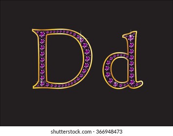 Dd in stunning amethyst precious round jewels set into a 2-level gold gradient channel setting, isolated on black. Vector EPS-10 file, transparency used. 