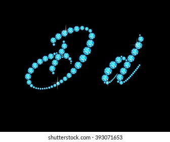 Dd in stunning Aquamarine Script precious round jewels, isolated on black. Vector EPS-10 file, transparency used. 