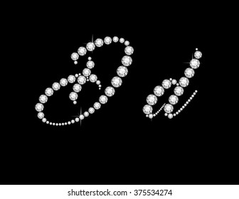 Dd in stunning Diamond Script precious round jewels, isolated on black. Vector EPS-10 file, transparency used. 