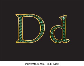 Dd in stunning emerald precious round jewels set into a 2-level gold gradient channel setting, isolated on black. Vector EPS-10 file, transparency used. 