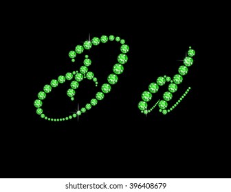 Dd in stunning Peridot Script precious round jewels, isolated on black. Vector EPS-10 file, transparency used. 