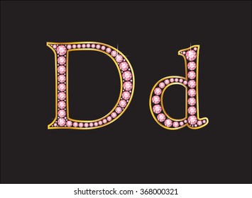 Dd in stunning rose quartz semi-precious round jewels set into a 2-level gold gradient channel setting, isolated on black. Vector EPS-10 file, transparency used. 