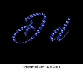 Dd in stunning Sapphire Script precious round jewels, isolated on black. Vector EPS-10 file, transparency used. 
