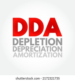 DDA Depletion Depreciation Amortization - accounting technique that a company uses to match the cost of an asset to the revenue generated by the asset, acronym text concept background