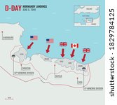 D-Day Landing / Operation Overlord on June 6, 1944 at Normandy, France during World War II map route