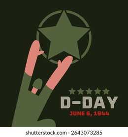 D-Day. Normandy landing. Holiday concept with soldier and star. Template for background, banner, postcard, poster with text inscription. Flat Vector illustration.