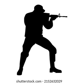 D-day. Vector, icon, and logo silhouette of soldier holding gun on white background.