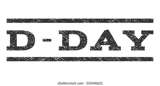 D-Day watermark stamp. Text tag between horizontal parallel lines with grunge design style. Rubber seal gray stamp with scratched texture. Vector ink imprint on a white background.