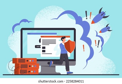 Ddos attack concept. Man with shield protects computer from falling missiles. Antivirus prevent hacker attack. Cyber security, IT specialist and programmer. Cartoon flat vector illustration