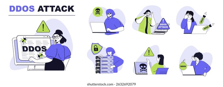 DDoS attack concept set for web design. Collection with people suffering from danger overload network traffic, hacker digital bombs and viruses. Flat vector illustration isolated on white background.