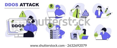 DDoS attack concept set for web design. Collection with people suffering from danger overload network traffic, hacker digital bombs and viruses. Flat vector illustration isolated on white background.