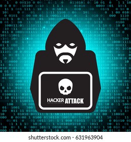 Ddos Attack. Hacker Icon with Laptop, Skull and Binary Code. Content and Video Pirate. Vector illustration