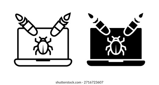 DDoS Attack icon set. Laptop with Bug and missile Attack Icon. representing software vulnerability and hacking. vector illustration on white background.