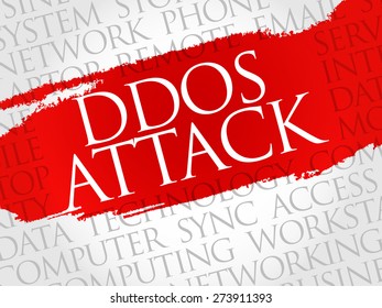 DDOS Attack occurs when multiple machines are operating together to attack one target, word cloud internet concept background