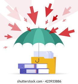 DDoS attack and safety digital technology concept. Vector flat illustration of cursors, umbrella, files and documents. Hackers attack, shield protects data. Element for web, brochure, presentation.