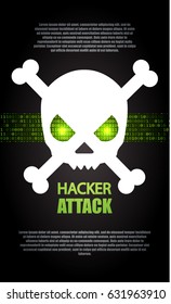 Ddos Attack. Stop Hacker Abstract Background with Binary Code, Skull, Bones and for Place Text. Pirate Icon with Jolly Roger. Vector illustration