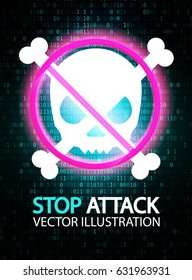 Ddos Attack. Stop Hacker Abstract Background with Binary Code, Skull, Bones and for Place Text. Pirate Icon with Jolly Roger. Vector illustration