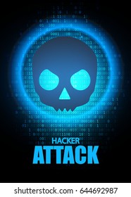 Ddos Attack. Stop Hacker Abstract Background with Binary Code, Skull, Bones and for Place Text. Pirate Icon with Jolly Roger. Vector illustration