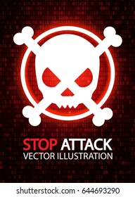 Ddos Attack. Stop Hacker Abstract Background with Binary Code, Skull, Bones and for Place Text. Pirate Icon with Jolly Roger. Vector illustration