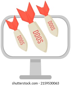 DDoS Attack Vector Icon Design, Cloud Computing And Web Hosting Services Concept. Application And Machine Hacking Attempt. Victim Computer Monitor Has Distributed Denial Of Service Ddos Bomb Attack