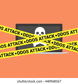 DDoS concept. Modern laptop with skull and crossbones and DDoS tape isolated on background