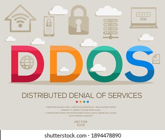 DDoS significa (Denegación distribuida de servicios) acrónimos de seguridad de TI, letras e iconos, ilustración vectorial.
