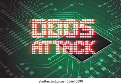 DDOS on a Digital Binary Warning above electronic circuit board with processor background