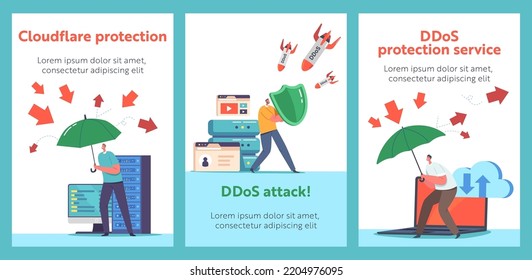 Ddos Protection, Cyber Security And Safety Data Cartoon Banners. People with Shield and Umbrella Protect Blockchain Network And Online Servers From Virus or Hacker Attacks. Vector Illustration Posters