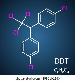 DDT, dichlorodiphenyltrichloroethane molecule. It is commonly used organochlorine insecticide. Structural chemical formula on the dark blue background. Vector illustration