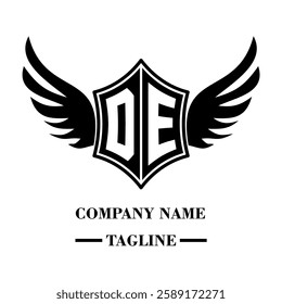 DE A bold winged shield emblem with customizable initials A-Z. Sleek black-and-white vector, perfect for branding, sports teams, motorcycle clubs, gaming,apparel and High-quality
