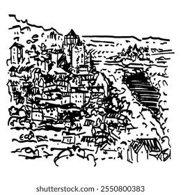 The Château de Castelnaud on Dordogne river in France. View of the medieval French fortress or castle. Hand drawn linear doodle rough sketch. Black and white silhouette.