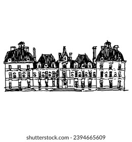 Château de Cheverny. Old castle on Loire, France. Hand drawn linear doodle rough sketch. Black and white silhouette.