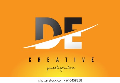 DE D E Letter Modern Logo Design with Swoosh Cutting the Middle Letters and Yellow Background.