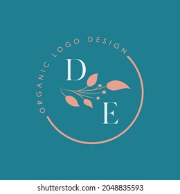 DE or D E nature letter logo in a circle shape frame with flower elements, vector illustration. Organic icon graphic design.