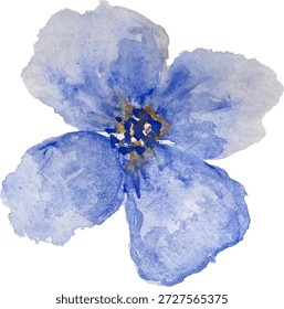 Ilustración botánica de flor azul pintada a mano en acuarela. Flor individual aislada sobre fondo blanco. Ideal para diseños románticos, estampas textiles, papelería, invitaciones, branding, decoración, productos editoriales y proyectos creativos con estética floral y artesanal.