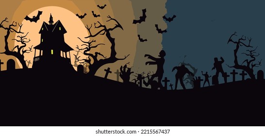 Diseño de Fondo nocturno con color de Halloween, calabazas, castillo oscuro, murcielago, tumba y zombie. ilustración vectorial.