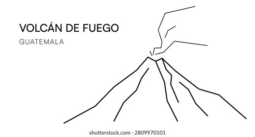 Volcán de Fuego volcano outline with eruption, Guatemala. Minimal continuous line drawing of active stratovolcano. Black and white vector illustration for print, laser cut