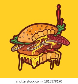 Ilustración de hamburguesa estilizada o hamburguesa de queso. Comida rápida.