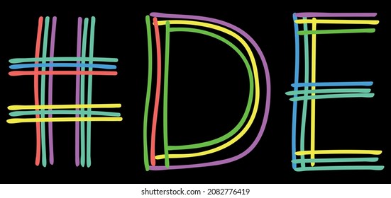 DE Hashtag. Multicolored bright isolate curves doodle letters. Hashtag #DE is abbreviation for the US America state Delaware social network, web resources, mobile app.