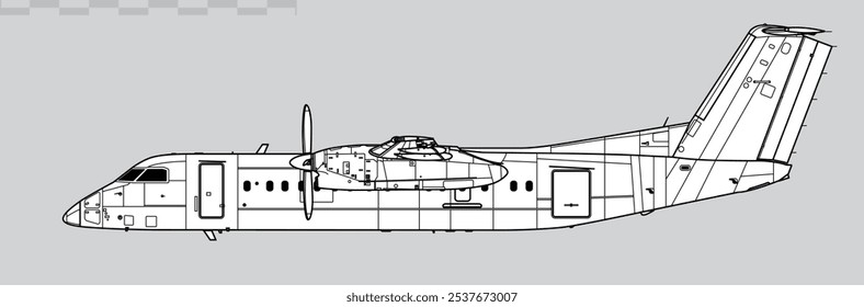 Desenho vetorial do avião regional turboélice. Vista lateral. Imagem para ilustração e infográficos.