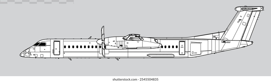 Desenho vetorial do avião regional turboélice. Vista lateral. Imagem para ilustração e infográficos.