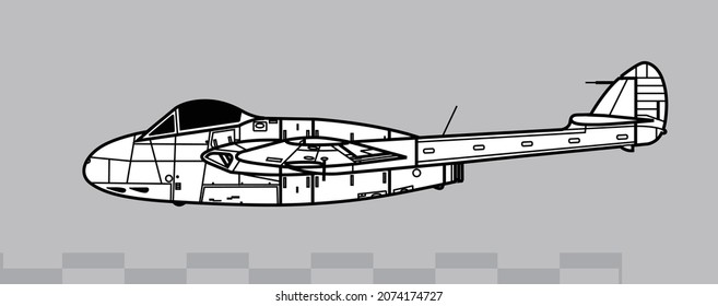 de Havilland Vampire F.Mk 1 Spider Crab. Vector drawing of early jet fighter-bomber aircraft. Side view. Image for illustration and infographics.